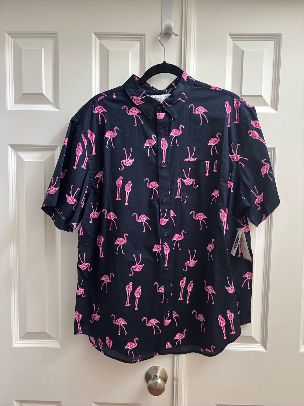 Old Navy Black Short-Sleeve Button-Down Shirt with Pink Flamingo Print